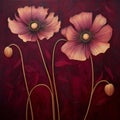 Fine Art Nouveau: Two Pink Poppy Flowers On A Red Background