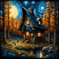 Fine art, oil painting , Dwarf house in the forest Royalty Free Stock Photo