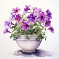 Vibrant Watercolor Painting: Purple Flowers In Bowl With Hyperrealistic Rendering