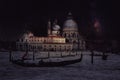 Fine art retro image with gondola on Canal Grande at night with wood planks floor for foreground, full moon and milky, Venice, It Royalty Free Stock Photo