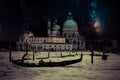 Fine art retro image with gondola on Canal Grande at night with wood planks floor for foreground, full moon and milky, Venice, It Royalty Free Stock Photo