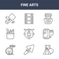9 fine arts icons pack. trendy fine arts icons on white background. thin outline line icons such as d modeling, film roll, film .