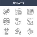 9 fine arts icons pack. trendy fine arts icons on white background. thin outline line icons such as quaver, woman, watercolor .