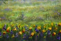 Flower oil painting. Violet, orange yellow flowers field close-up, oil paintings landscape impressionism artwork.