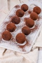 Fine chocolate truffles on white ceramic plate Royalty Free Stock Photo