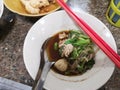 Fine Cut White Rice Noodle Thicken Soup topping with Sliced Pork and Pork Ball Thai Food Royalty Free Stock Photo