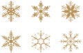 Gold frosty abstract snowflake symbols set on white background.