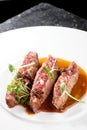 Fine dining, Angus Beef Steak fillets with Roasted tomato Royalty Free Stock Photo