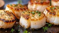 Fine dining chef cooking grilled scallops in creamy butter lemon or cajun spicy sauce with herbs