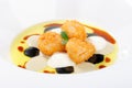 Fine dining, deep fried scallops with olive oil, cheese Royalty Free Stock Photo