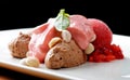 Fine dining dessert, chocolate mousse and strawberry ice cream Royalty Free Stock Photo