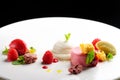 Fine dining dessert, Raspberry Parfait, ice cream, white chocolate Royalty Free Stock Photo