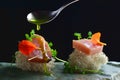 Fine dining, fresh raw ahi tuna sashimi served on an ocean sponge Royalty Free Stock Photo