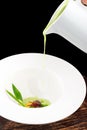 Fine dining, Poached Egg with spinach sauce and Truffel Royalty Free Stock Photo