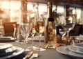 Fine dining restaurant table with luxury champagne bottle and glasses.Macro.AI Generative