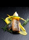 Fine dining Seabass fillets on carrot potato