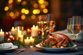 Fine dining table. Roasted turkey garnished with vegetables. Christmas decoration candles