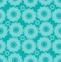 Fine lace star shapes in white line drawing on trendy green background, seamless vector patterns