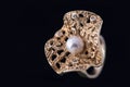 Fine luxury golden ring with zircon and pearl. Isolated in black