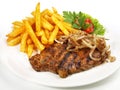 Fine Meat - Grilled Pork Neck Steak with French Fries, Onions and Mushrooms