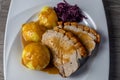 Fine Meat - Pork Roast with Crackle, potato Dumpling and red cabbage