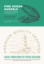 Fine Ocean Seafood. Abstract Vector Packaging Design or Label. Modern Typography and Hand Drawn Mussel Shell Sketch