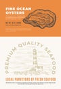 Fine Ocean Seafood. Abstract Vector Packaging Design or Label. Modern Typography and Hand Drawn Oyster Shell Sketch