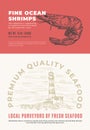 Fine Ocean Seafood. Abstract Vector Packaging Design or Label. Modern Typography and Hand Drawn Shrimp Sketch Silhouette