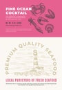 Fine Ocean Seafood Cocktail. Abstract Vector Packaging Design or Label. Modern Typography and Hand Drawn Crab, Shrimp