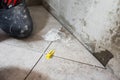 Fine precise accurate work of a tiler when laying tiles on the floor Royalty Free Stock Photo