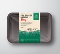 Fine Quality Organic Beef. Abstract Vector Meat Plastic Tray Container with Cellophane Cover. Vertical Packaging Design