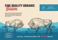 Fine Quality Organic Bison. Abstract Vector Meat Packaging Design or Label. Modern Typography and Hand Drawn Buffalo Royalty Free Stock Photo