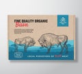 Fine Quality Organic Bison. Vector Meat Packaging Label Design on a Craft Cardboard Box Container. Modern Typography and