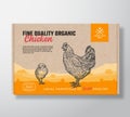 Fine Quality Organic Chicken. Vector Meat Packaging Label Design on a Craft Cardboard Box Container. Modern Typography
