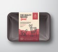 Fine Quality Organic Goat. Abstract Vector Meat Plastic Tray Container with Cellophane Cover. Vertical Packaging Design