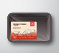 Fine Quality Organic Pork. Abstract Vector Meat Plastic Tray Container with Cellophane Cover. Packaging Design Label