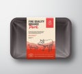 Fine Quality Organic Pork. Abstract Vector Meat Plastic Tray Container with Cellophane Cover. Vertical Packaging Design