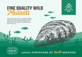 Fine Quality Organic Seafood. Abstract Vector Food Packaging Design or Label. Modern Typography and Hand Drawn Mussel