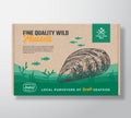 Fine Quality Seafood Cardboard Box. Abstract Vector Food Packaging Label Design. Modern Typography and Hand Drawn Mussel