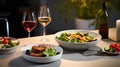 Fine restaurant dinner table place setting: napkin, wineglass, plate, bread and salad. Royalty Free Stock Photo