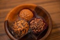 Fine sweets for wedding party in wooden bowl. Selective focus. Royalty Free Stock Photo