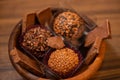 Fine sweets for wedding party in wooden bowl. Selective focus. Royalty Free Stock Photo
