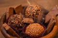 Fine sweets for wedding party in wooden bowl. Selective focus. Royalty Free Stock Photo