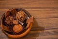 Fine sweets for wedding party in wooden bowl  with space for text. Royalty Free Stock Photo