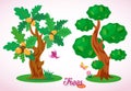 Fine vector trees. Green oak with acorns. Colorful bird, butterfly, flowers, grass and green lawn. Lush foliage. Royalty Free Stock Photo