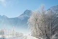 The fine winter mountains landscape. Sunny day. Winter decline. The bright colors. Winter forest. forest river. Branches in hoar Royalty Free Stock Photo