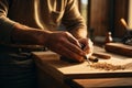 Fine woodworking man. Wood craftsman creating pieces and polishing wooden parts. Royalty Free Stock Photo