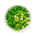 Finely chopped fresh green onions in a generic ceramic bowl isolated on white. Top view