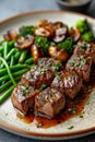 Finely chopped pieces of grilled beef with green beans on a plate