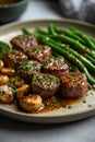 Finely chopped pieces of grilled beef with green beans on a plate